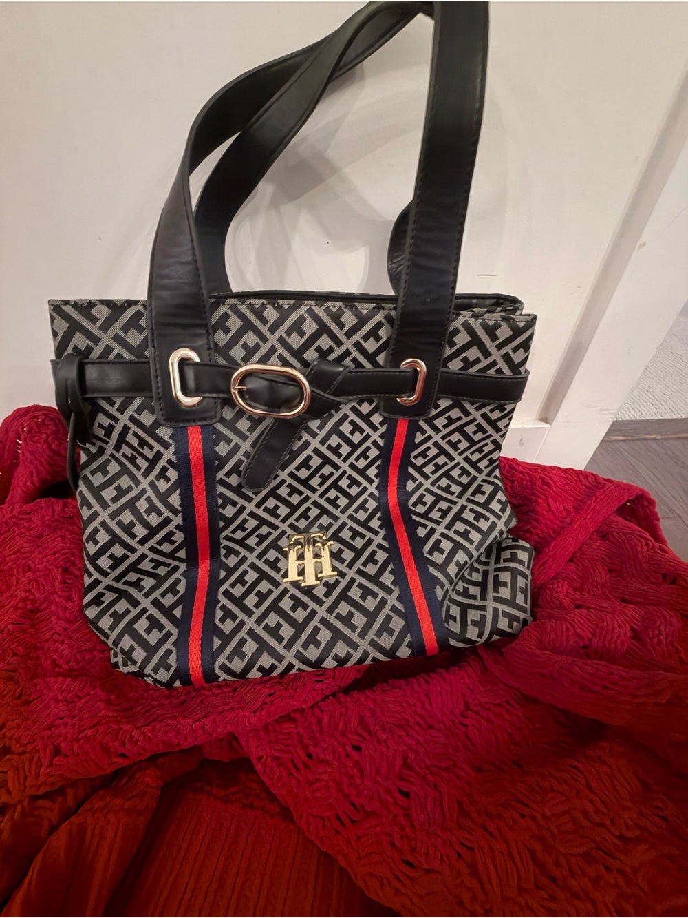 Tommy Hilfiger Black and Gray Patterned Tote with Red and Blue Stripes